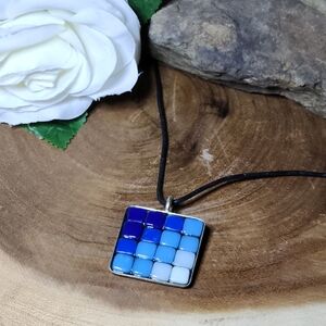 Vintage Blue Glass Tile Mosaic Art Signed SS Pendant